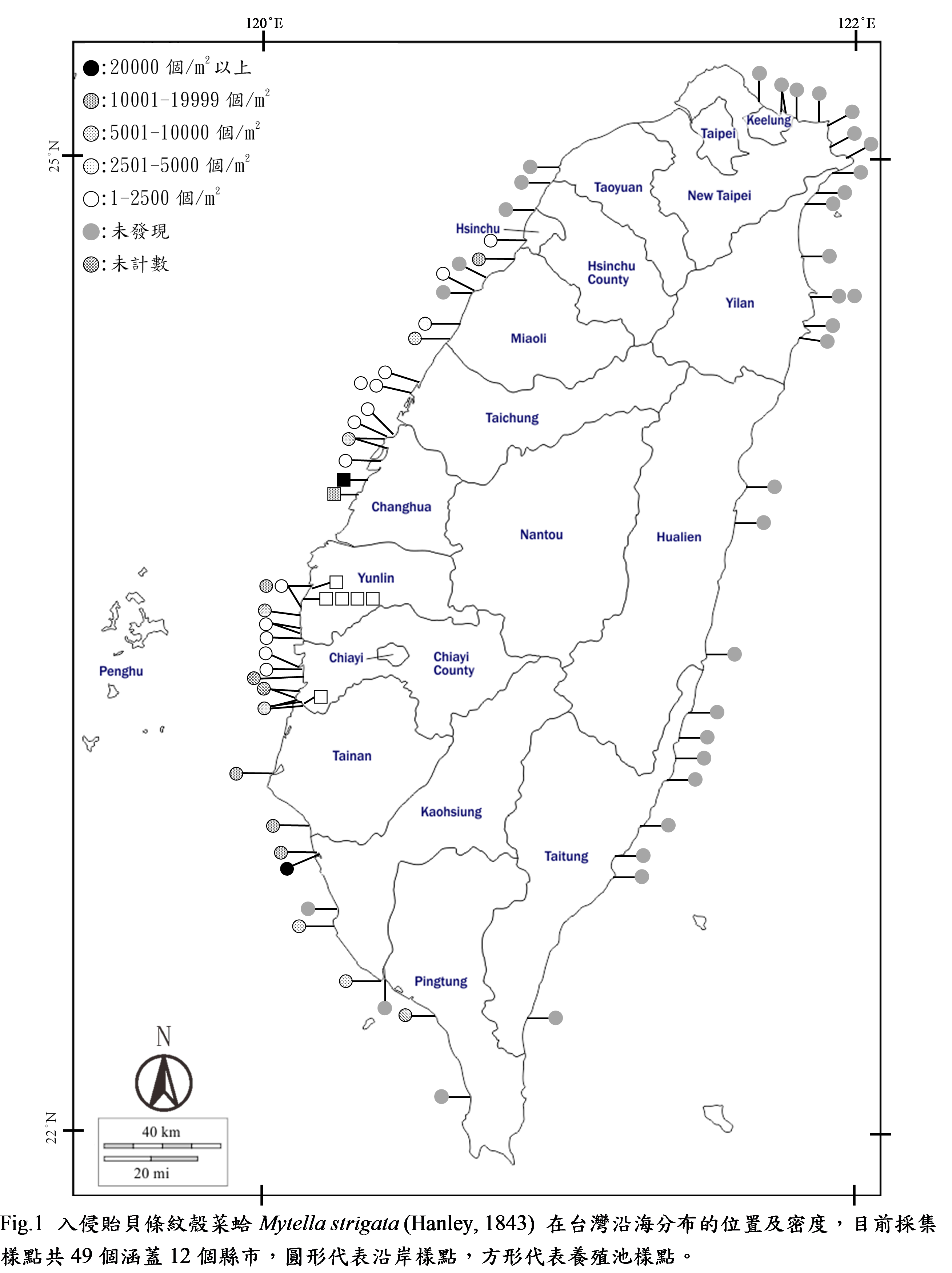 Figure.1 The location and density of the invasive mussel Mytella strigata (Hanley, 1843) along the coasts of Taiwan. The current data collection covers a total of 78 sample points in 16 counties and cities. The circles represent the coastal sample points, and the squares represent the farming pond sample points