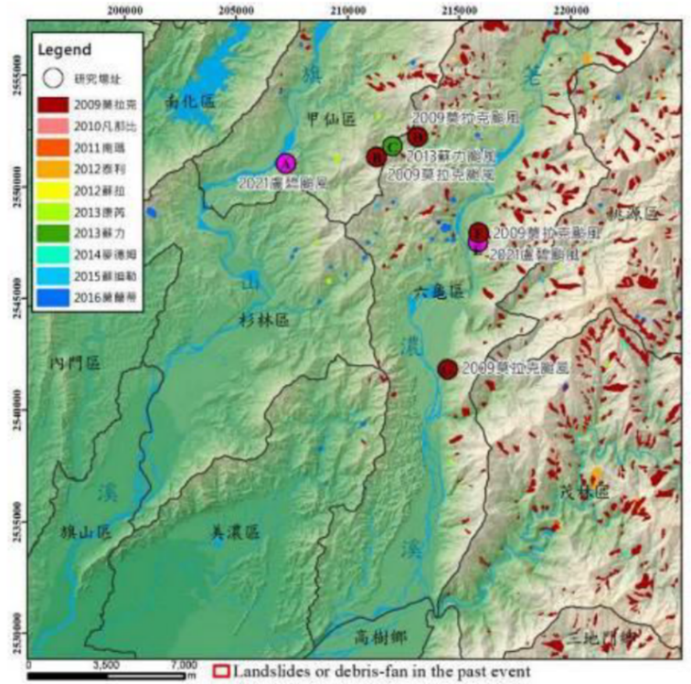 Figure 4. Distribution of landslides over the years in Qianshan between  Laonong River and Nanzixian River, Kaohsiung City