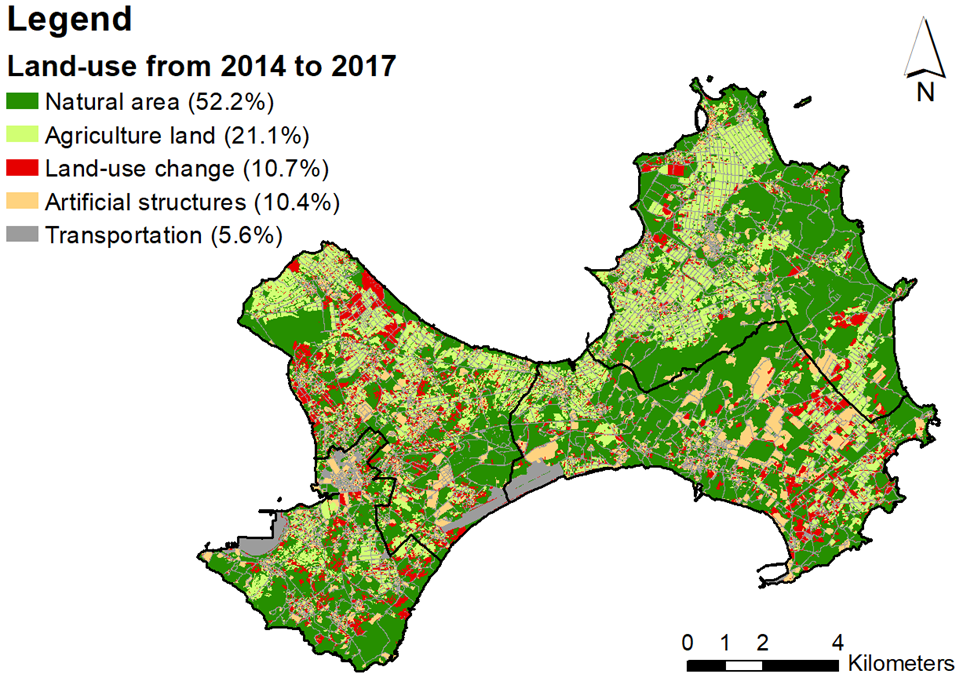 Figure 6. Spatial distribution of land-use change variable between 2014 and 2017. The land-use type before dash is the type in 2014, and after dash represents the type in 2017