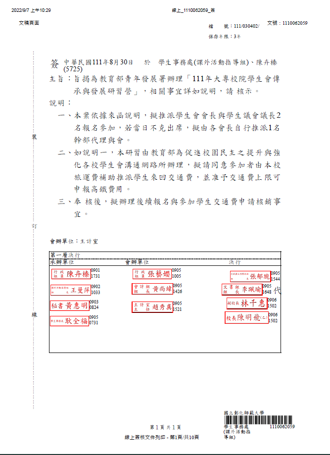 Figure 3. Official approval of the university to subsidize student leaders’ participation in a workshop