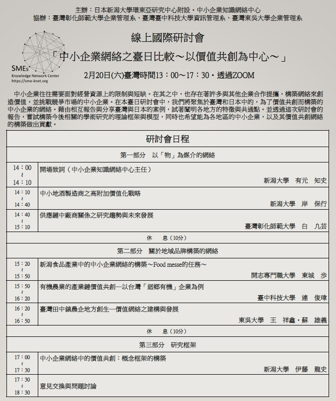 Figure 24. The Agenda of the Taiwan-Japan online international seminar on the “Comparison of Taiwan and Japan’s SME Networks”