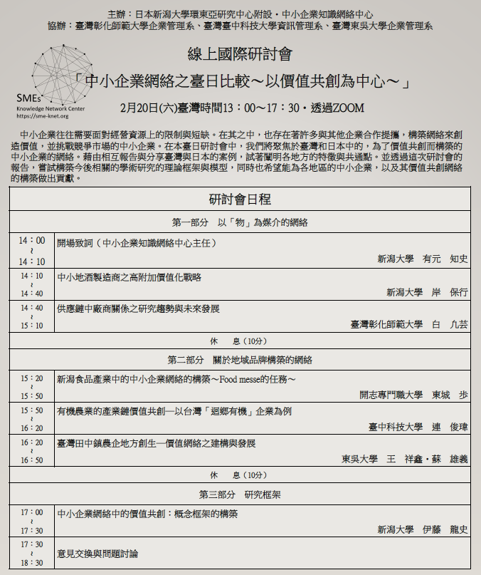 Figure 5. The Agenda of the Taiwan-Japan online international seminar on the “Comparison of Taiwan and Japan’s SME Networks”