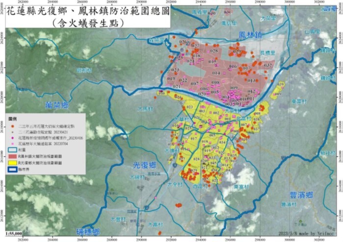 In Hualien County, the distribution range of invasive red fire ants has been as follows