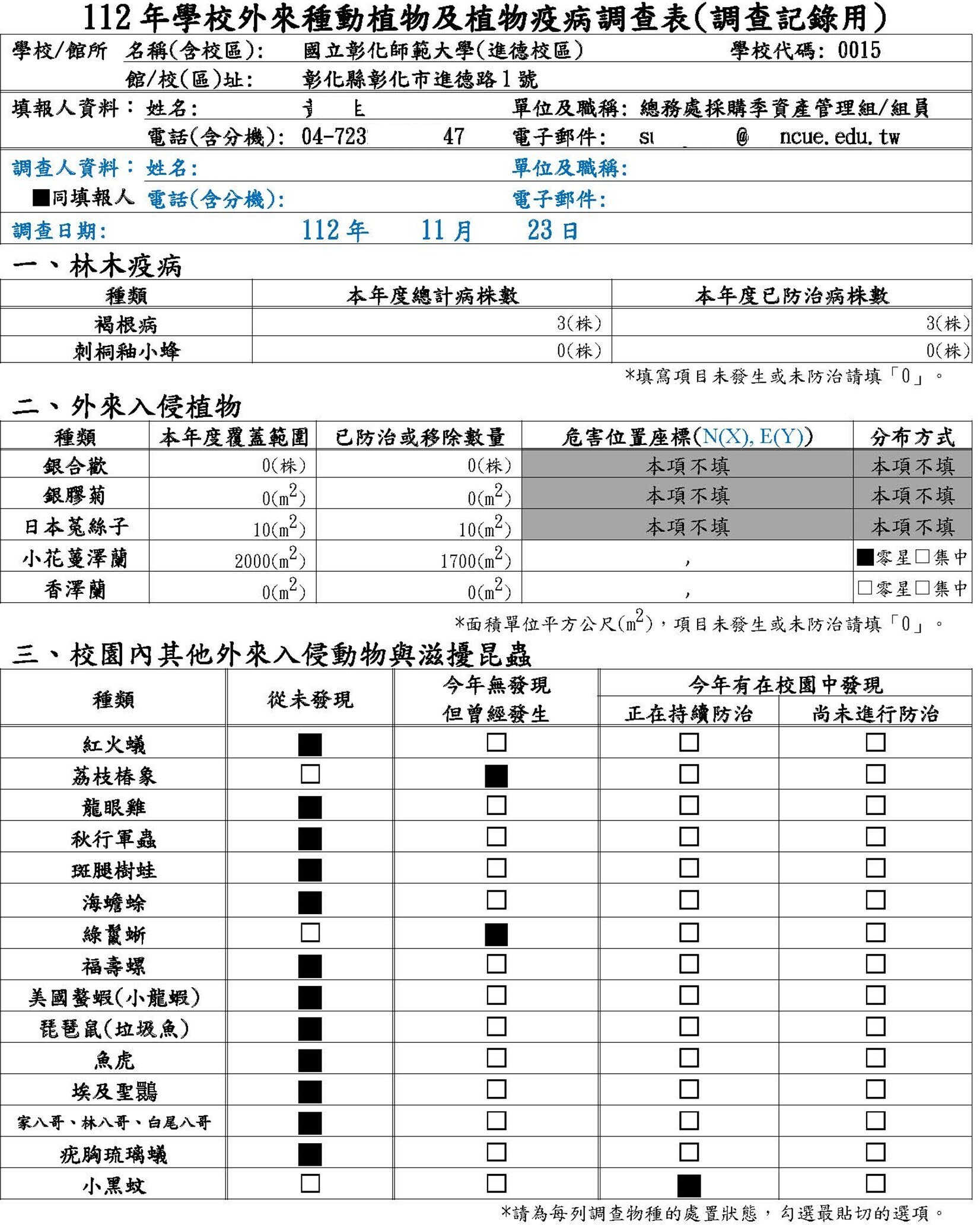 Briefly shows the surveyed information of alien species on the campus