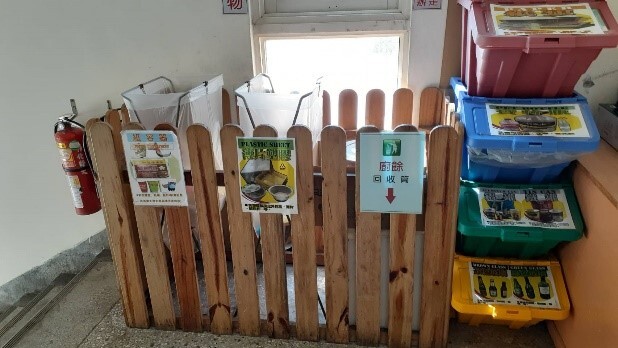 Garbage sorting and recycling buckets in NCUE (paper containers, plastic, glass, iron and aluminum cans, beverage packs, paper, PET bottles, and compost). 