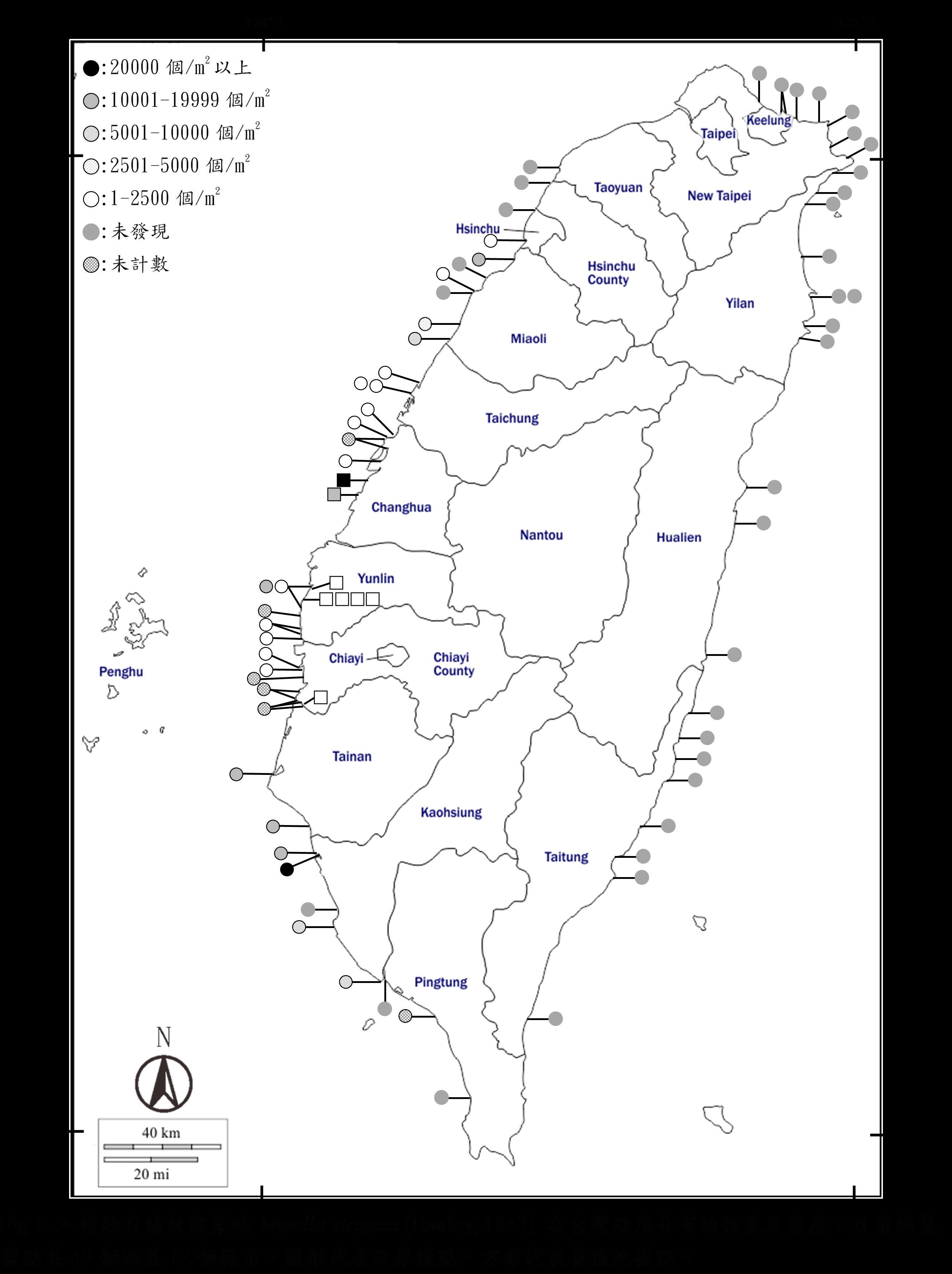 The location and density of the invasive mussel Mytella strigata (Hanley, 1843) along the coasts of Taiwan. The current data collection covers a total of 78 sample points in 16 counties and cities. The circles represent the coastal sample points, and the squares represent the farming pond sample points.