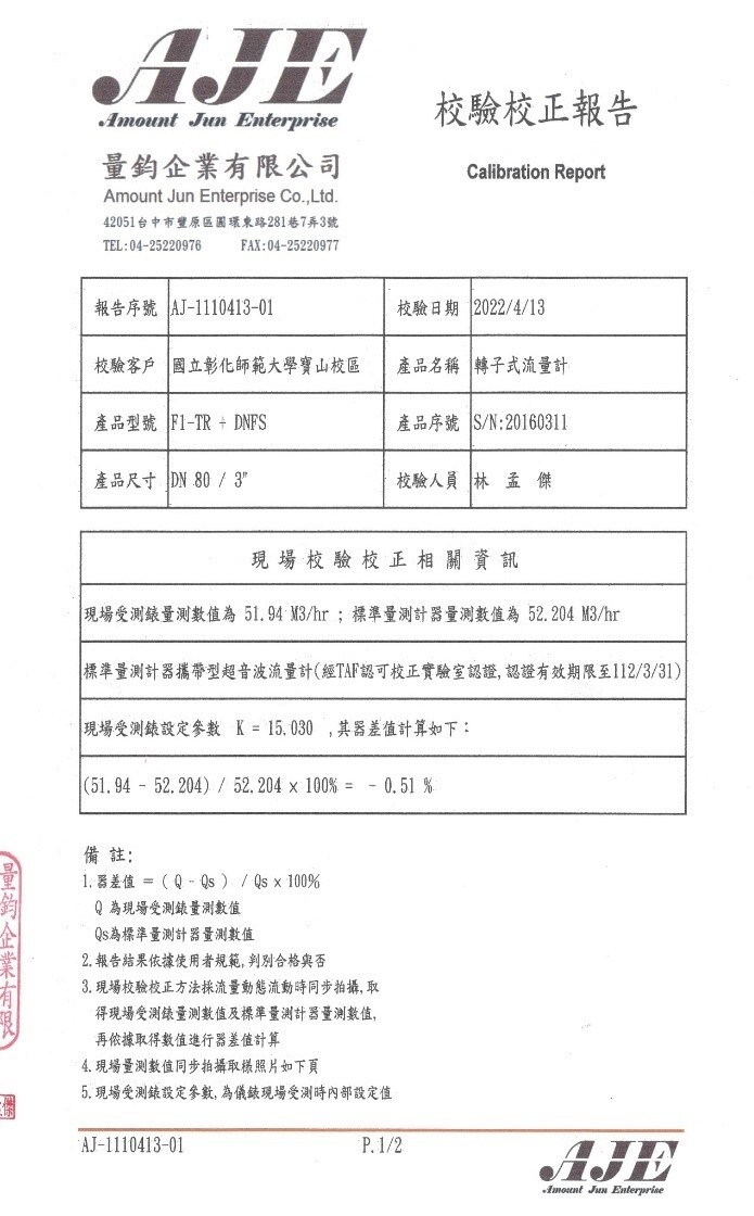 Calibration of water discharge meters, in compliance with the regulations of the Water Pollution Control Act