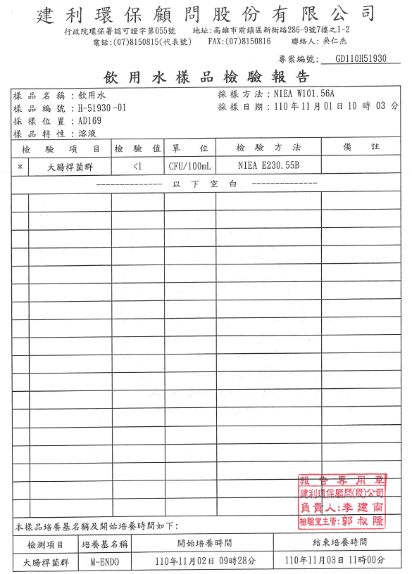 Inspection report H-51930-01 for water dispensers on the Jin-De Campus