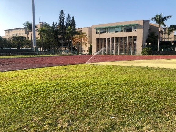 Sprinkler irrigation system at the sports field of Jinde campus