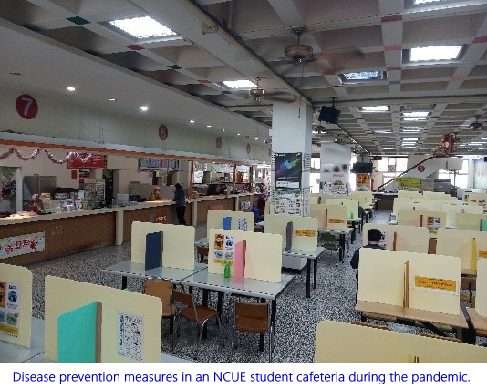 Disease prevention measures in an NCUE student cafeteria during the pandemic.