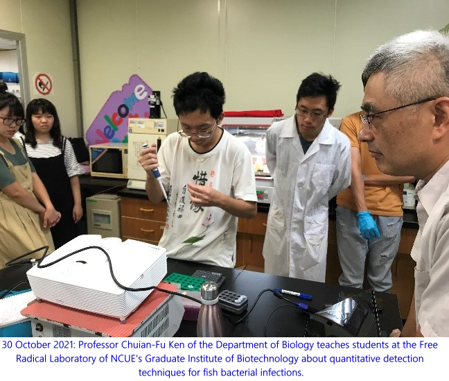 30 October 2021: Professor Chuian-Fu Ken of the Department of Biology teaches students at the Free Radical Laboratory of NCUE’s Graduate Institute of Biotechnology about quantitative detection techniques for fish bacterial infections.